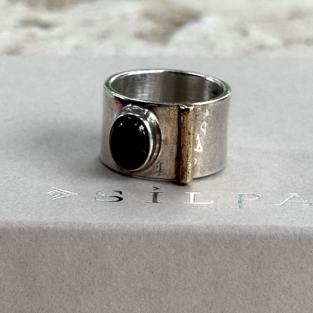 Silpada- Sterling Silver Ring with Black Onyx Stone and Brass Bar Accent